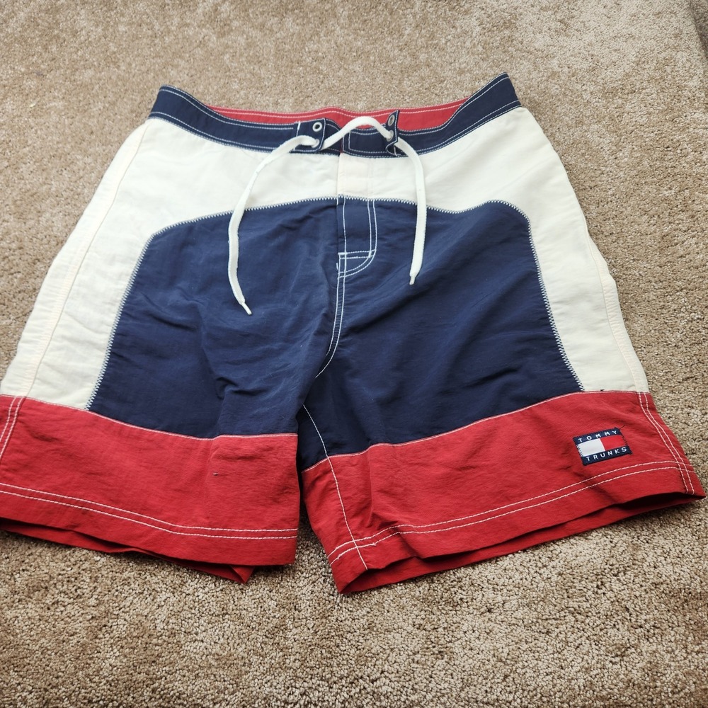 Tommy Hilfiger Mens Colorblock Swim Trunks Red White Navy Blue Large Logo Patch